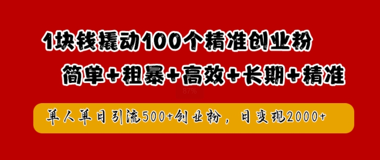 1块钱撬动100个精准创业粉,简单粗暴高效长期精准,单人单日引流500+创业粉,日变现2k【揭秘】-第一资源库